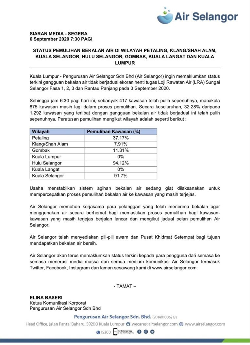 status, pemulihan air, selangor