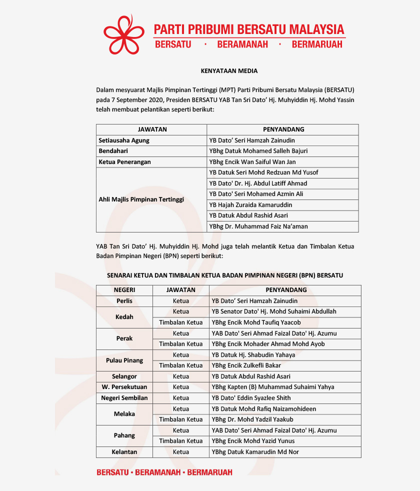 Setiausaha Agung parti Datuk Seri Hamzah Zainuddin berkata, pelantikan itu telah dibuat oleh Presiden Bersatu Tan Sri Muhyiddin Yassin