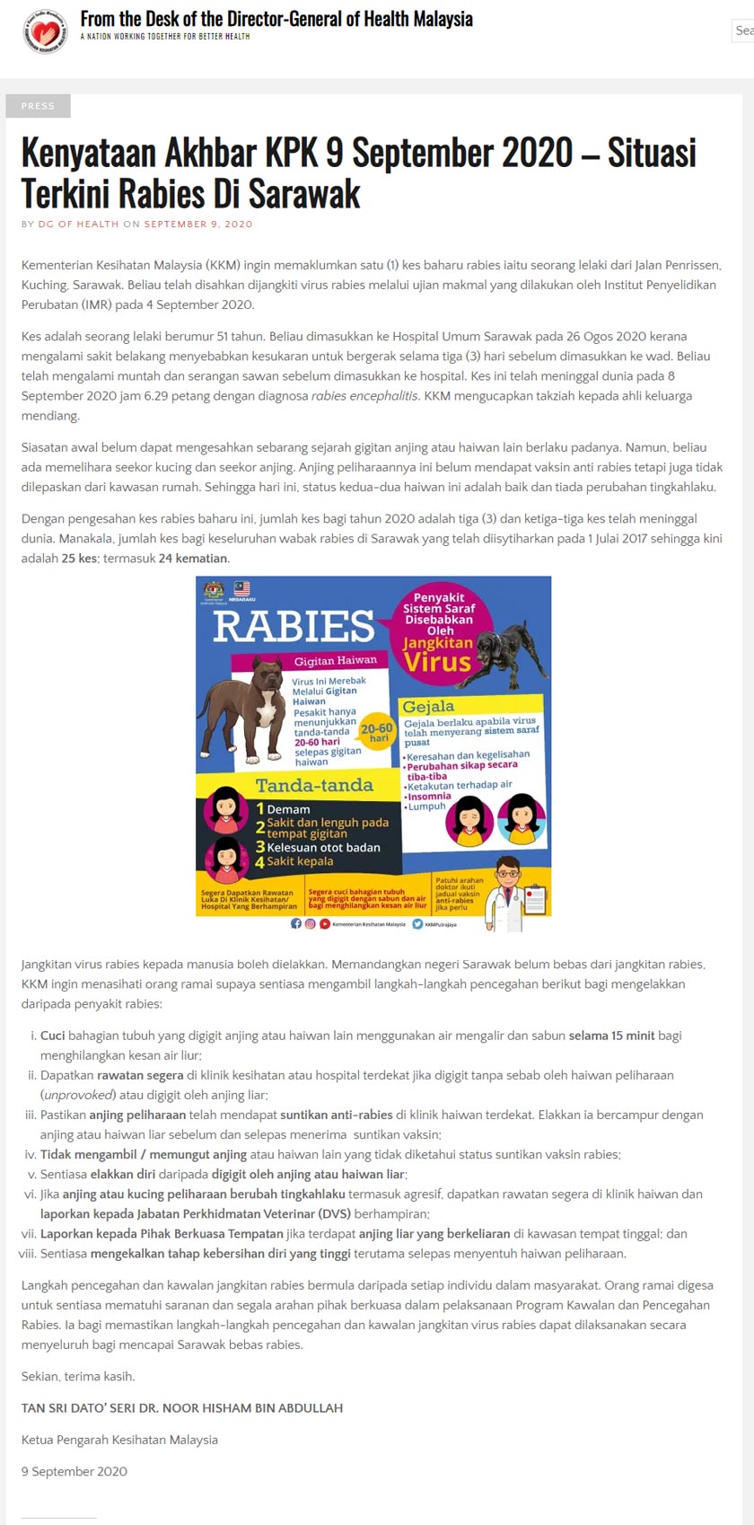 Kenyataan Akhbar terkini oleh Kementerian Kesihatan Malaysia (KKM).