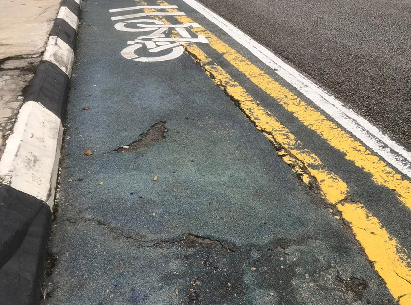 Antara infrastruktur pejalan kaki dan berbasikal yang rosak sempat ditinjau Rudy ketika berbasikal.