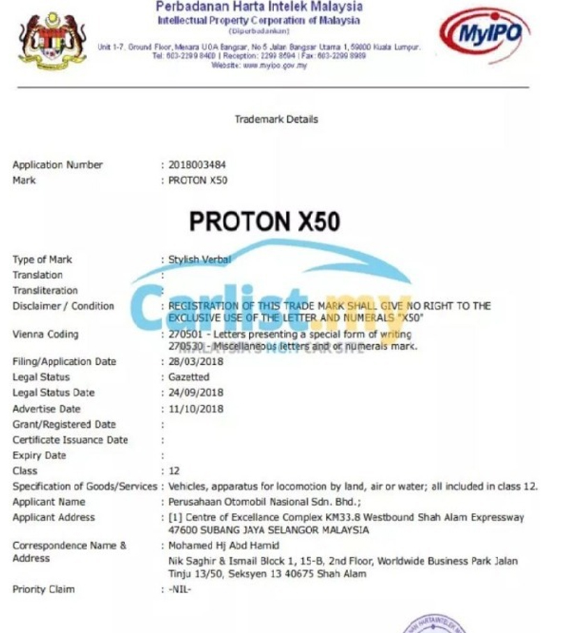 tersebarnya gambar maklumat pendaftaran trademark dengan Perbadanan Harta Intelek Malaysia oleh Proton yang menunjukkan proton bakal meneruskan penggunaan nama X50.