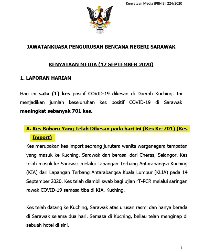 Laporan Jawatankuasa Pengurusan Bencana Negeri (JPBN) Sarawak pada Khamis.