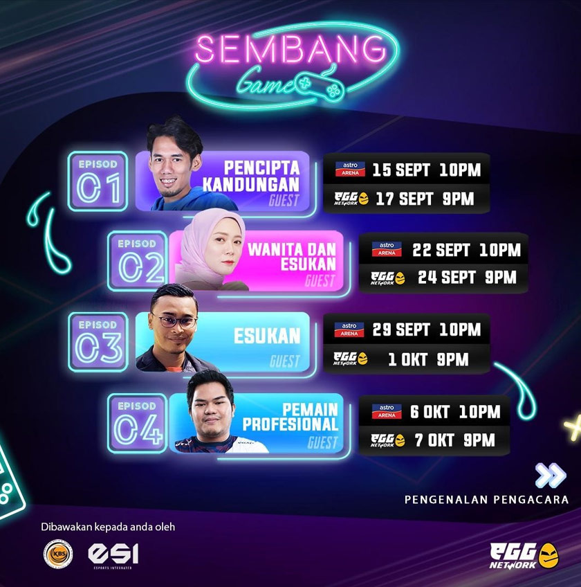 Sembang Game yang dibawakan khas kepada oleh Kementerian Belia dan Sukan (KBS), Esports Integrated (ESI) dan eGG akan ditayangkan di saluran Astro Arena (CH801) serta di eGG Network (CH800).