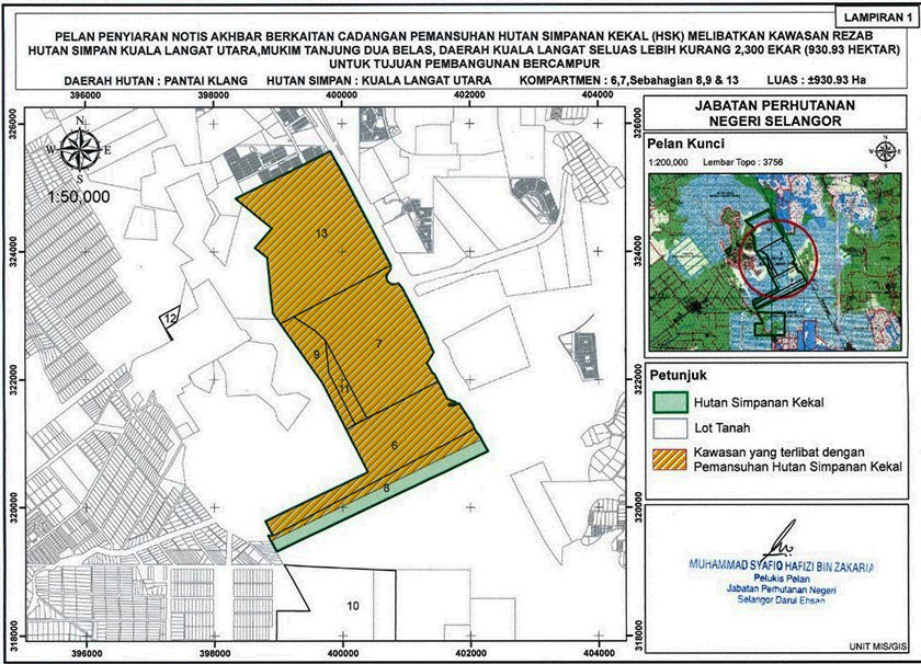 Cadangan keluasan yang ingin dinyahwartakan Hutan Simpan Kuala Langat Utara (HSKLU) untuk tujuan projek pembangunan bercampur. --fotoBERNAMA