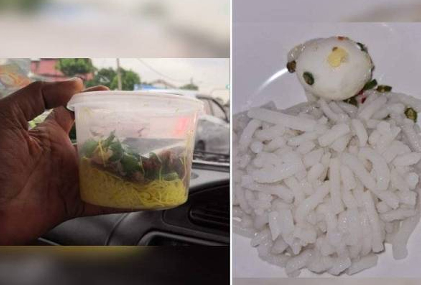 Isi bihun yang sedikit seperti dikongsikan seorang pengguna di media sosial. Kanan: Laksa yang dibeli pengadu yang didakwa telah basi. - Foto Sinar Harian