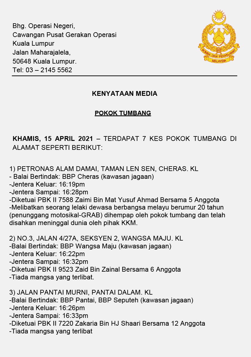 Kenyataan Pusat Gerakan Operasi Bomba Kuala Lumpur mengenai kejadian tujuh pokoktumbang di sekitar Kuala Lumpur