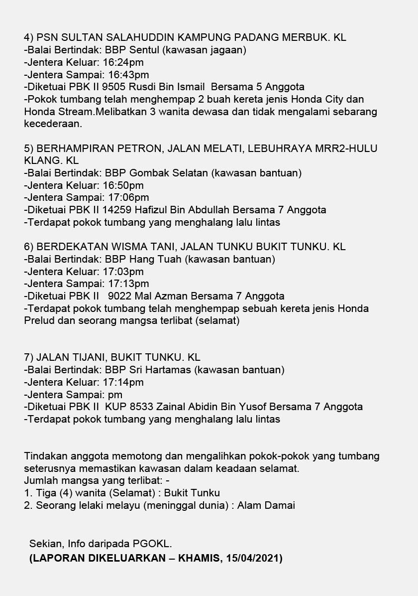 Kenyataan Pusat Gerakan Operasi Bomba Kuala Lumpur mengenai kejadian tujuh pokoktumbang di sekitar Kuala Lumpur