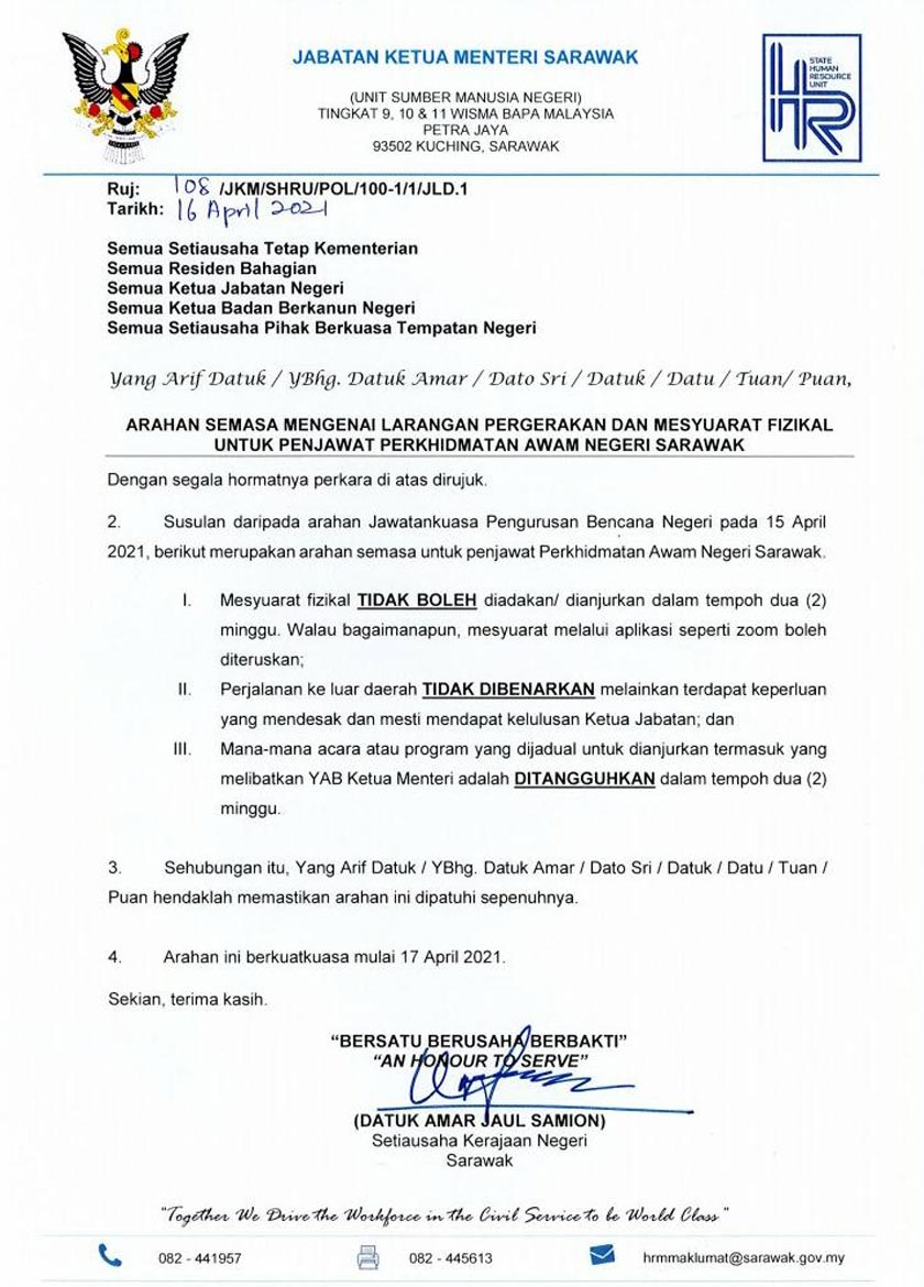 Pekeliling yang dikeluarkan pada Jumaat.