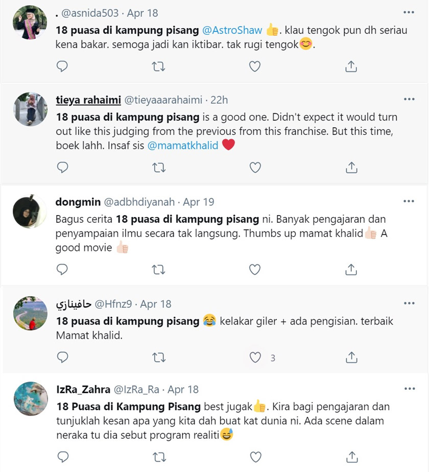 Antara perkongsian penonton selepas menonton filem 18 Puasa Di Kampong Pisang. - Foto Astro Shaw