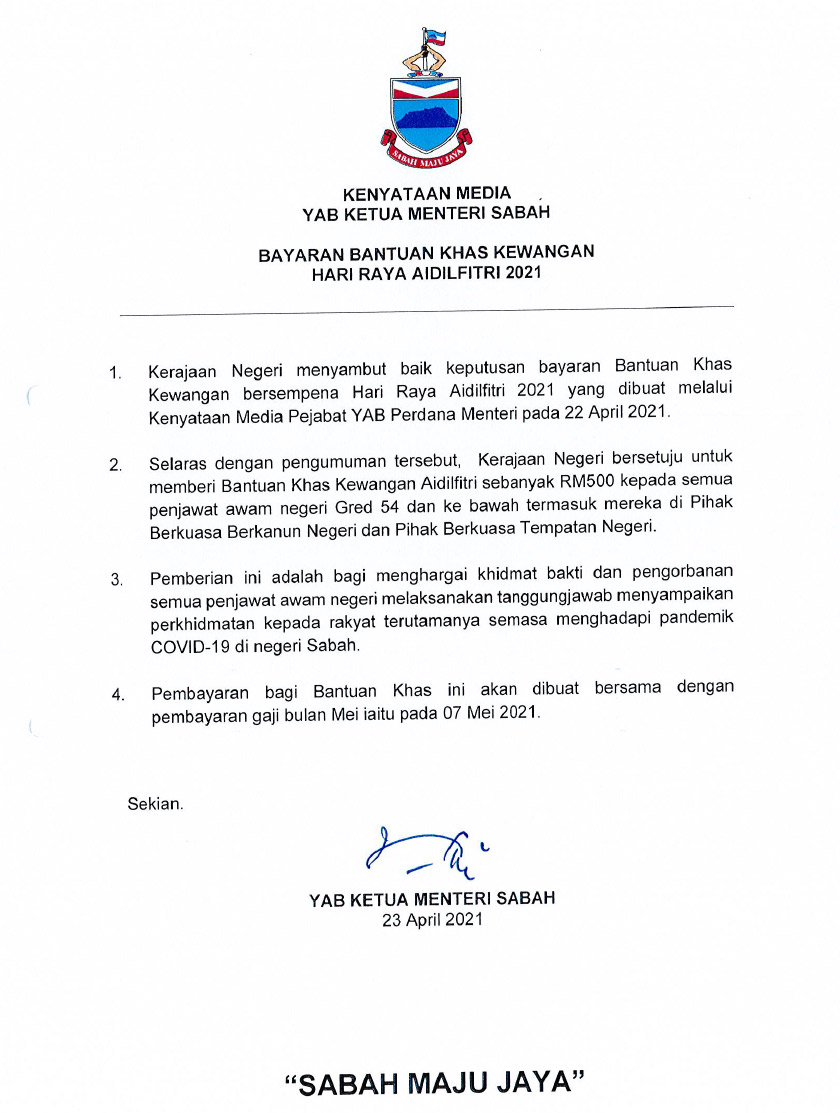 Kenyataan media Ketua Menteri Sabah, Datuk Seri Hajiji Noor.