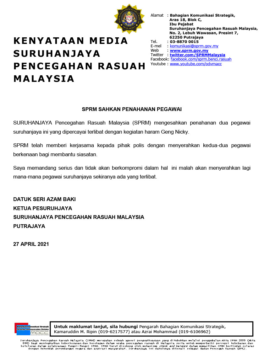 Kenyataan Media yang dikeluarkan oleh Datuk Seri Azam Baki. 