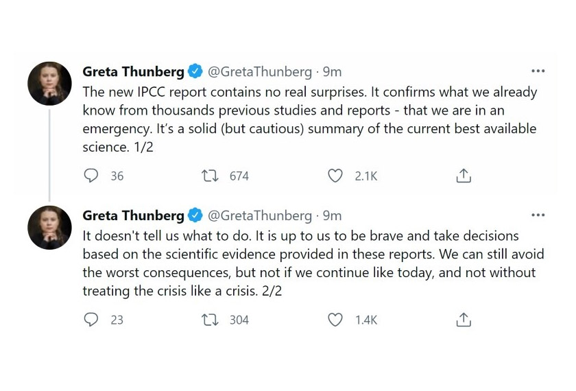 A tweet by climate activist Greta Thunberg referring to the latest IPCC report is seen in this screen shot. -TWITTER/GretaThunberg via REUTERS