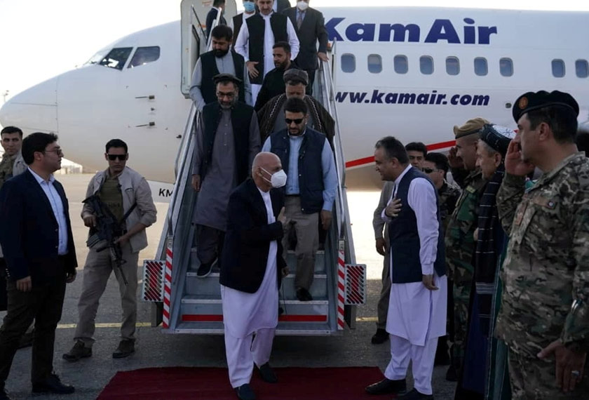 Afghanistan President Ashraf Ghani arrives in Mazar-i-Sharif to check the security situation of the northern provinces, Afghanistan August 11, 2021. -Afghan Presidential palace/ via REUTERS