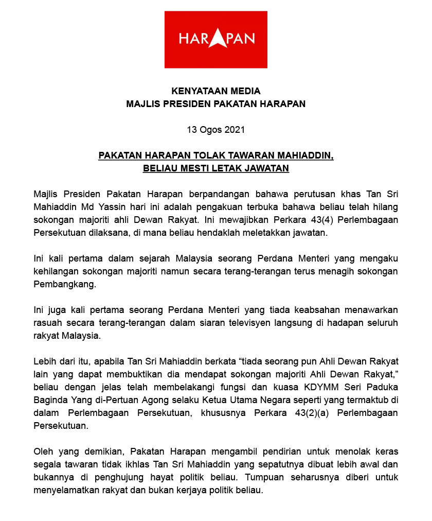 Majlis Presiden PH menolak tawaran yang diberikan oleh Perdana Menteri Tan Sri Muhyiddin Yassin bagi membolehkan usul undi percaya diluluskan di Parlimen.