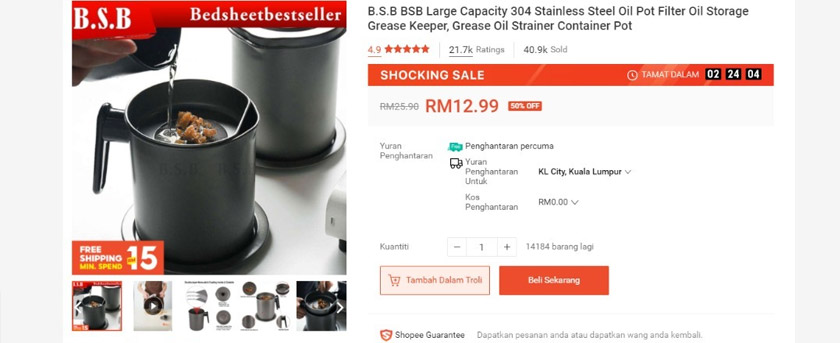 Penapis minyak ini direka dengan muncung yang mudah dituang selain bahagian pemegang yang ergonomik.