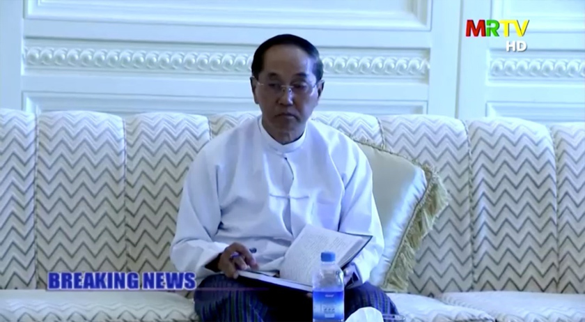 A screen grab from Myanmar state television footage, broadcast on February 1, 2021, shows Myanmar Acting President Myint Swe during a meeting with General Min Aung Hlaing. MRTV/Handout via REUTERS.