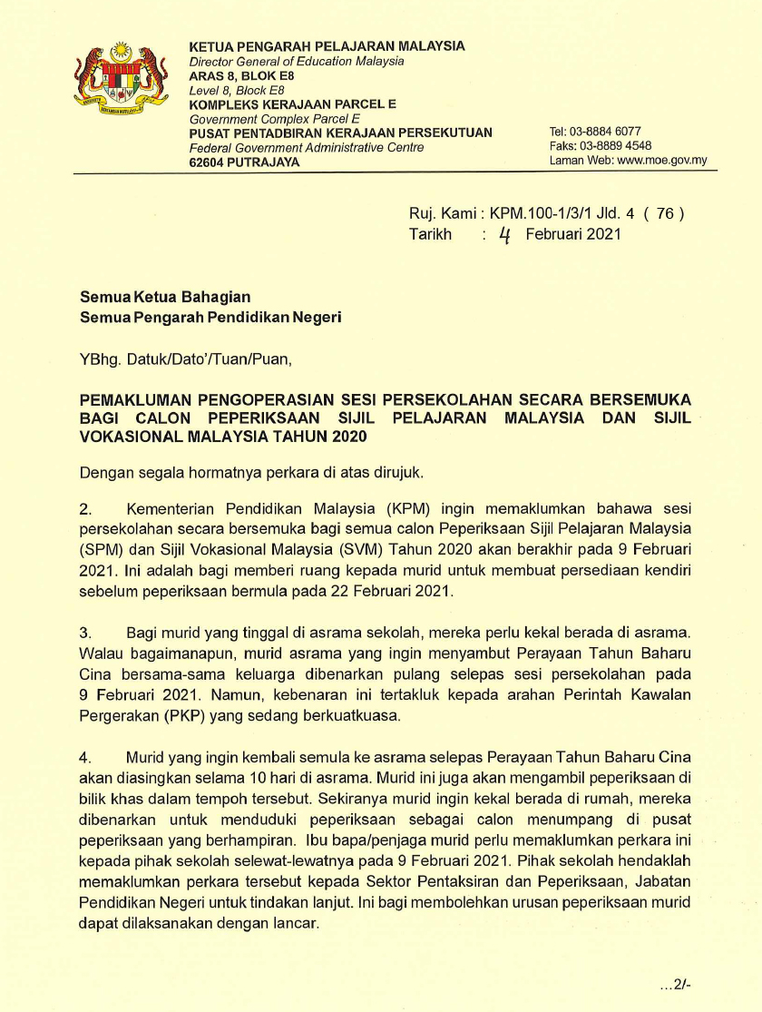 Sesi persekolahan bersemuka bagi calon SPM, SVM tamat 9 Feb