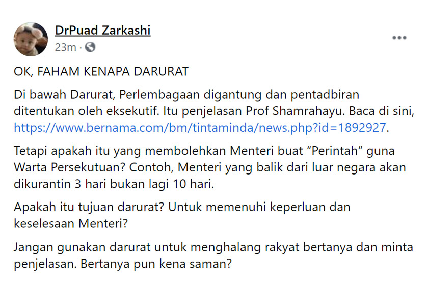 via Faceboook / Dr Puad Zarkashi