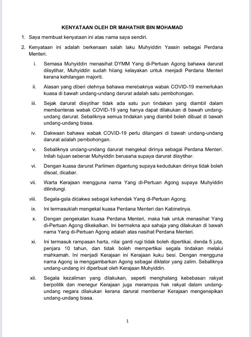 Kenyataan ini adalah berkenaan salah laku Muhyiddin Yassin sebagai Perdana Menteri.
