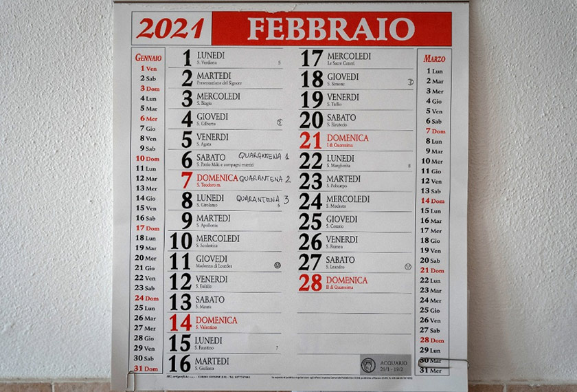 A calendar marking each day the Toniolo family have been in quarantine is seen hung up at their home, after they had contact with someone with coronavirus disease (COVID-19), in San Fiorano, Italy. via REUTERS