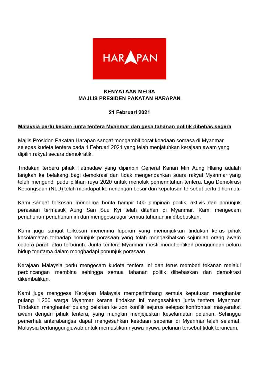 kecam junta tentera Myanmar dan gesa tahanan politik dibebas segera