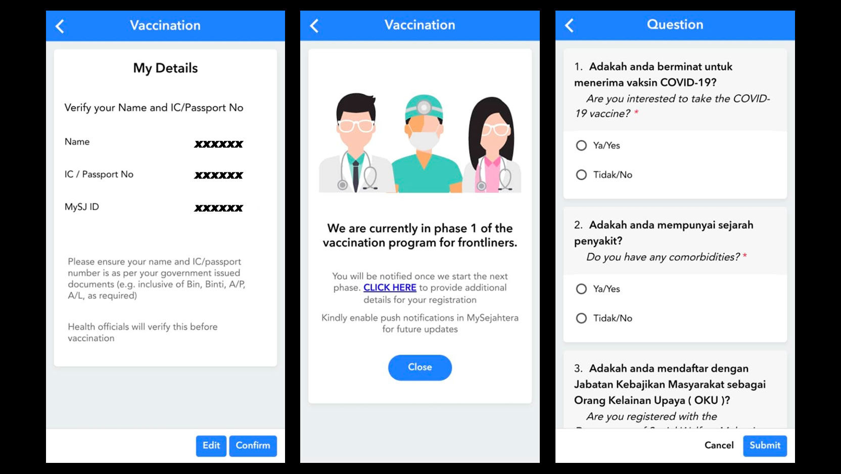 Skrin pendaftaran untuk Program Imunisasi Vaksin COVID-19 Kebangsaan