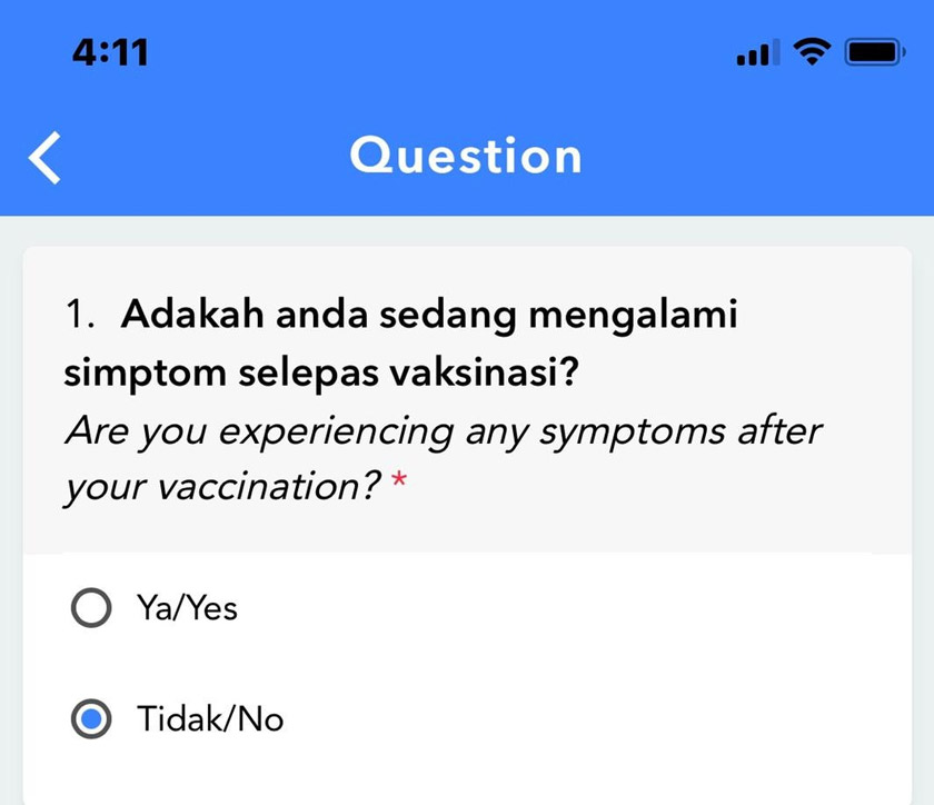 Tangkap layar kemas kini status kesihatan Dr Noor Hisham di dalam aplikasi MySejahtera selepas 24 jam disuntik vaksin COVID-19. - Foto Dr Noor Hisham Abdullah