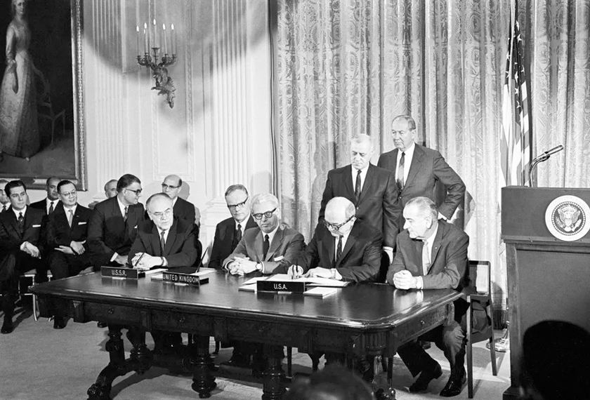 A photo taken during the signing of the Outer Space Treaty or the