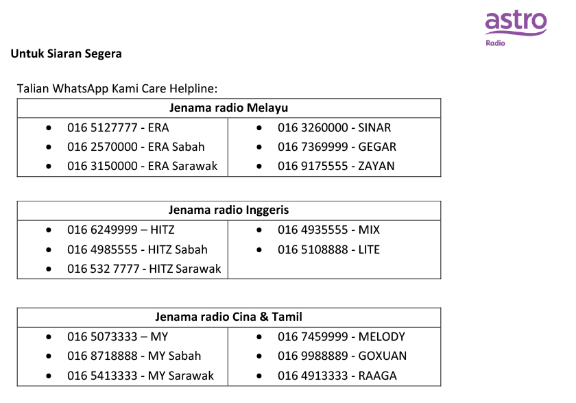 Talian WhatsApp Kami Care Helpline - Foto Astro Radio