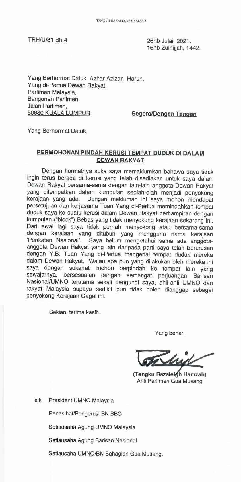Surat Tengku Razaleigh mohon tempat duduk dalam Dewan Rakyat