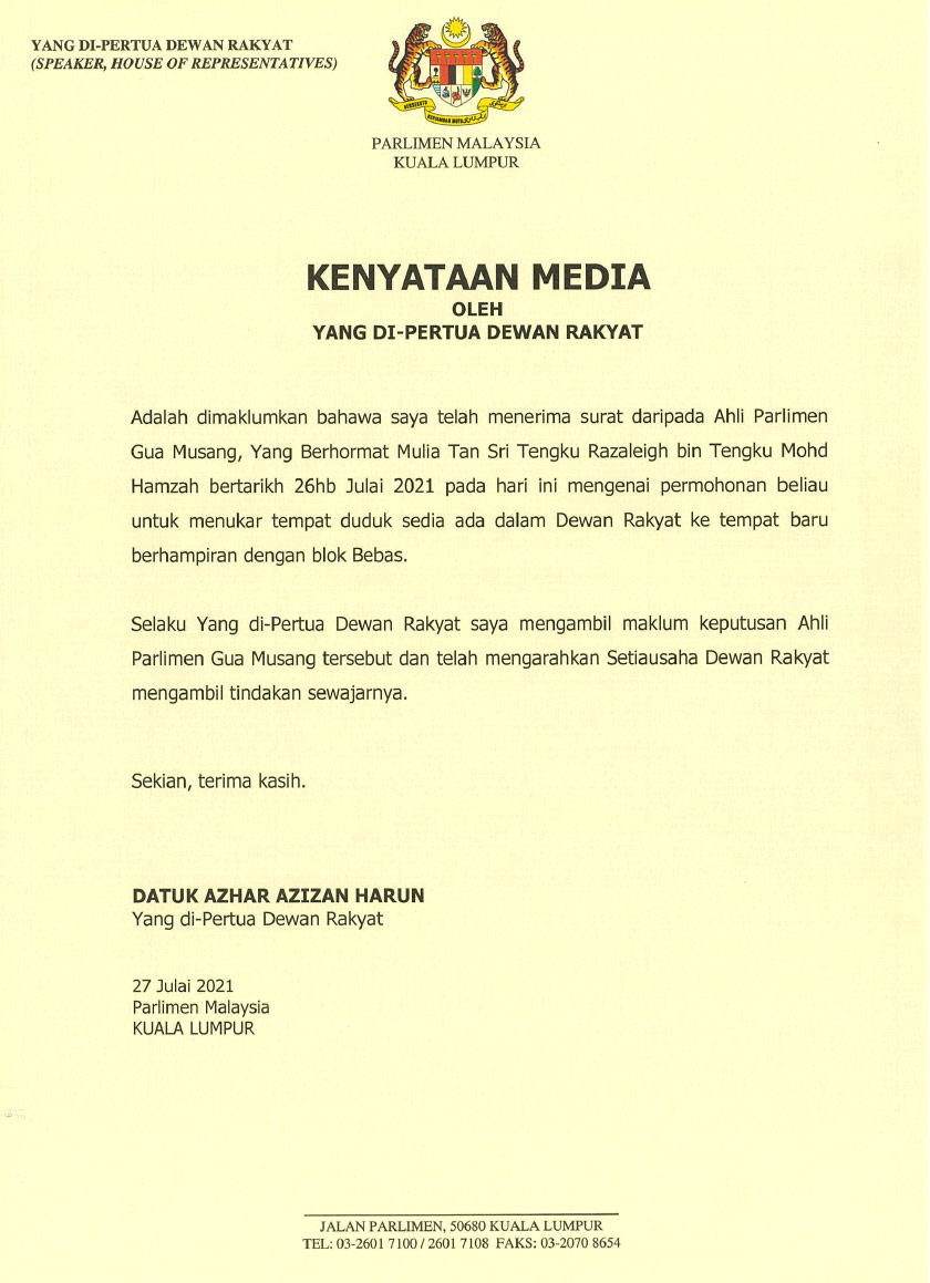 Azhar memaklumkan selaku Yang di-Pertua Dewan Rakyat, beliau akan mengambil maklum keputusan Ahli Parlimen Fua Musang