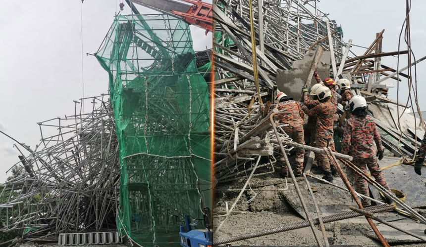 Keadaan perancah besi struktur pembinaan yang runtuh lalu menimbus pekerja asing di laluan projek LRT 3 di Klang. - Foto JBPM