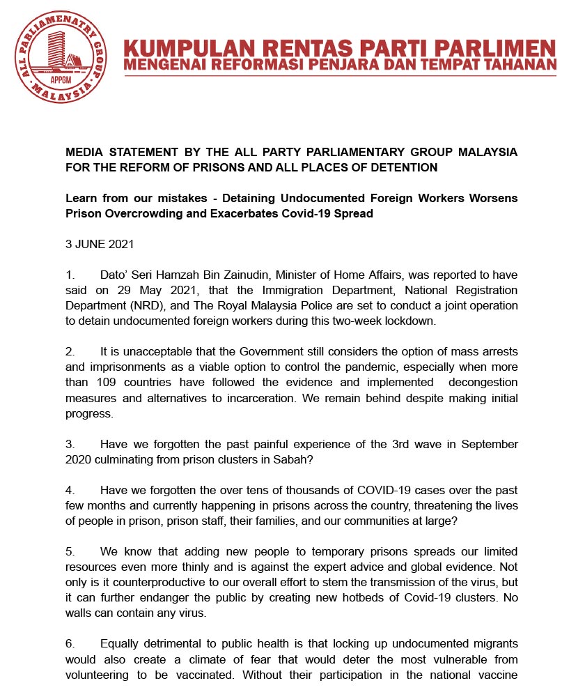 Kumpulan Rentas Parti Parlimen Malaysia (KRPPM), membantah rancangan kerajaan untuk melakukan penahanan warga asing tanpa dokumen sepanjang tempoh sekatan pergerakan penuh.