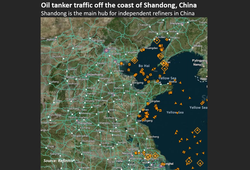 Graphic: Oil tanker traffic off the coast of Shandong, China, REUTERS