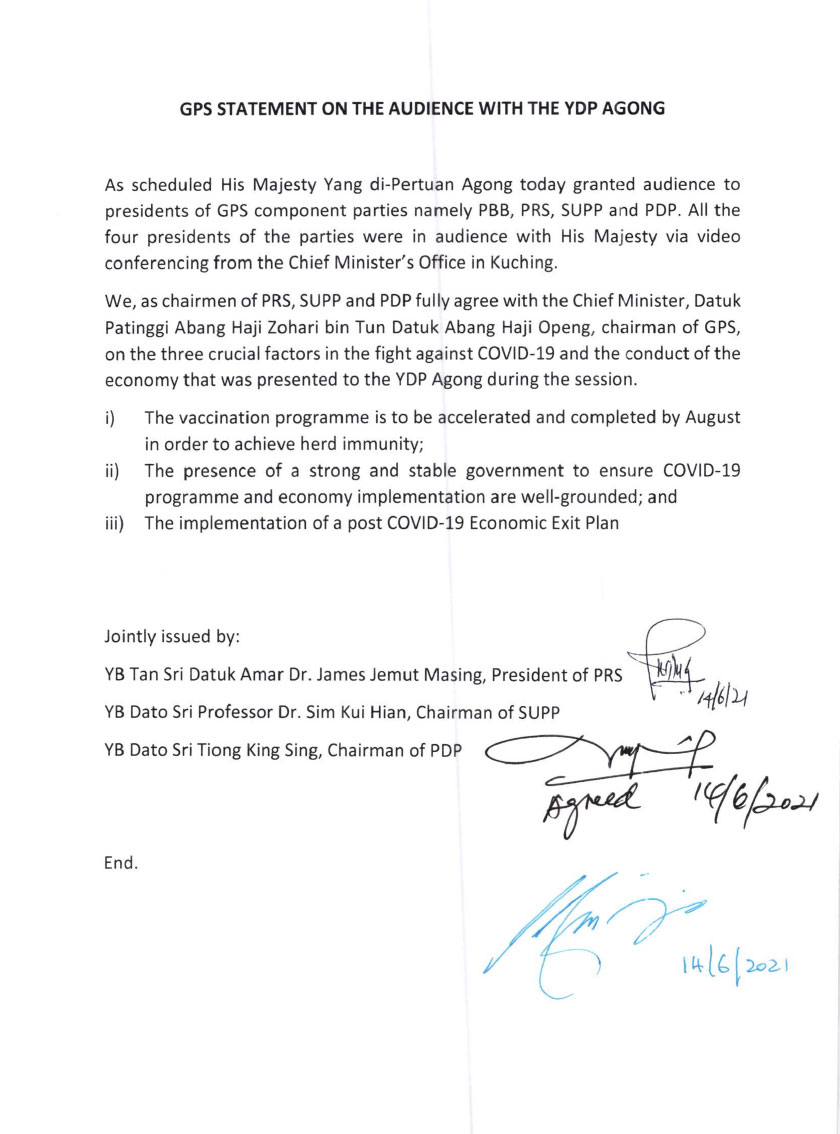 Kenyataan bersama tiga pemimpin GPS yang dikeluarkan selepas sesi menghadap Agong.
