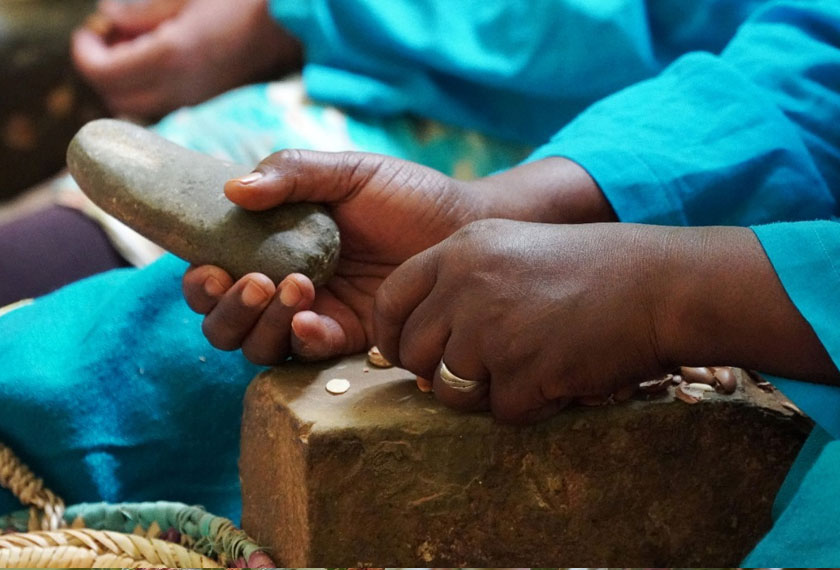 An Amazigh woman crushes argan nuts to extract the kernels, at Women's Agricultural Cooperative Taitmatine, in Tiout, near Taroudant, Morocco, REUTERSpic