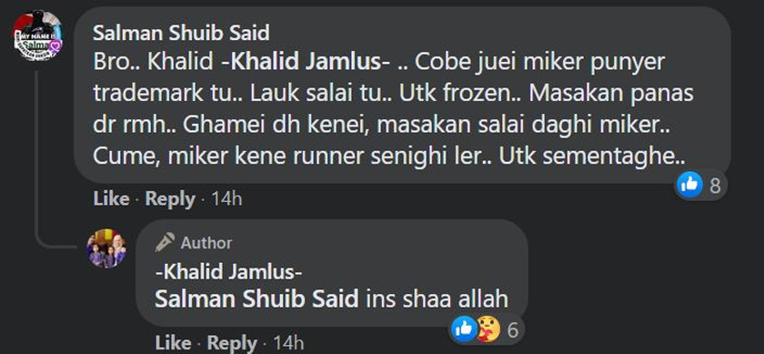 Seorang pengikut Khalid Jamlus memberi cadangan supaya menghasilkan produk sejuk beku