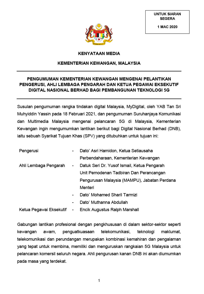 Pelantikan tersebut turut menamakan, Augustus Ralph Marshall sebagai Ketua Pegawai Eksekutif 
