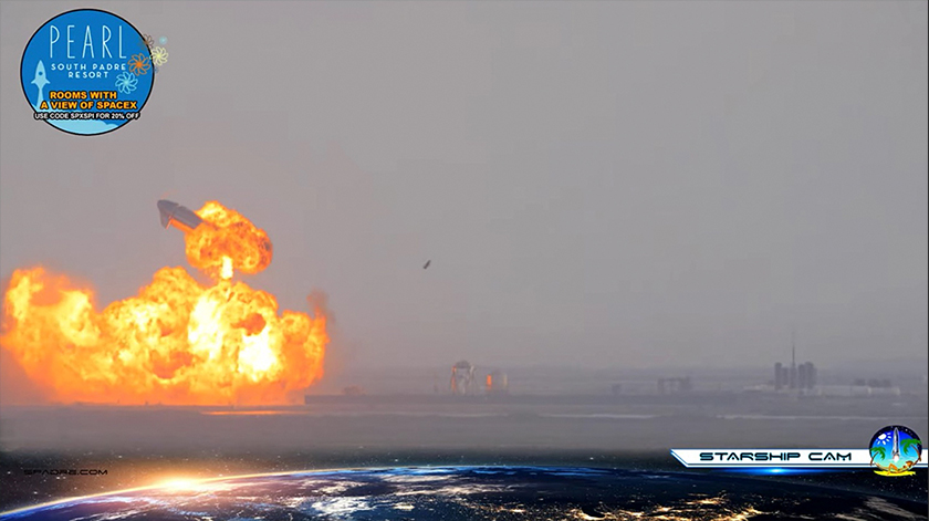 Imej dari media sosial menunjukkan SpaceX Starship SN10 meletup selepas dilancarkan, di South Padre Island, Texas, AS, 3 Mac, 2021. Spadre/Pearl South Padre Resort via Youtube/via REUTERS