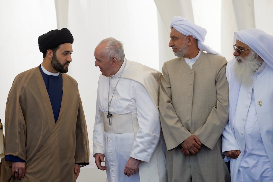 Pope Francis attends an inter-religious prayer at the ancient archeological site of Ur, traditionally believed to be the birthplace of Abraham, in Ur near Nassiriya, Iraq March 6, 2021. REUTERS/Thaier al-Sudani