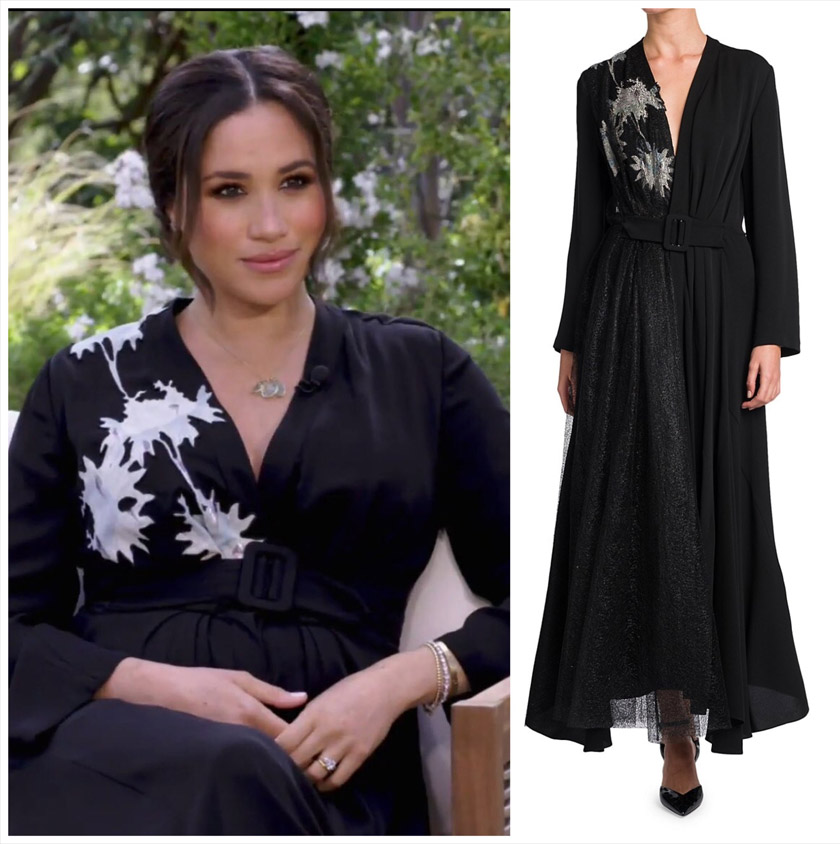 The long triple silk dress features a lotus flower design. Image via TWITTER/WhatMeghanWore