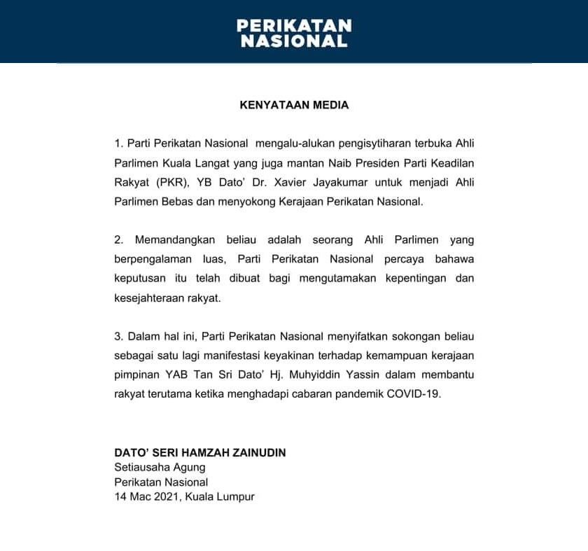 Setiausaha Agung PN, Datuk Seri Hamzah Zainudin dalam satu kenyataan berkata, parti itu percaya bahawa keputusan tersebut dibuat bagi mengutamakan kepentingan dan kesejahteraan rakyat.