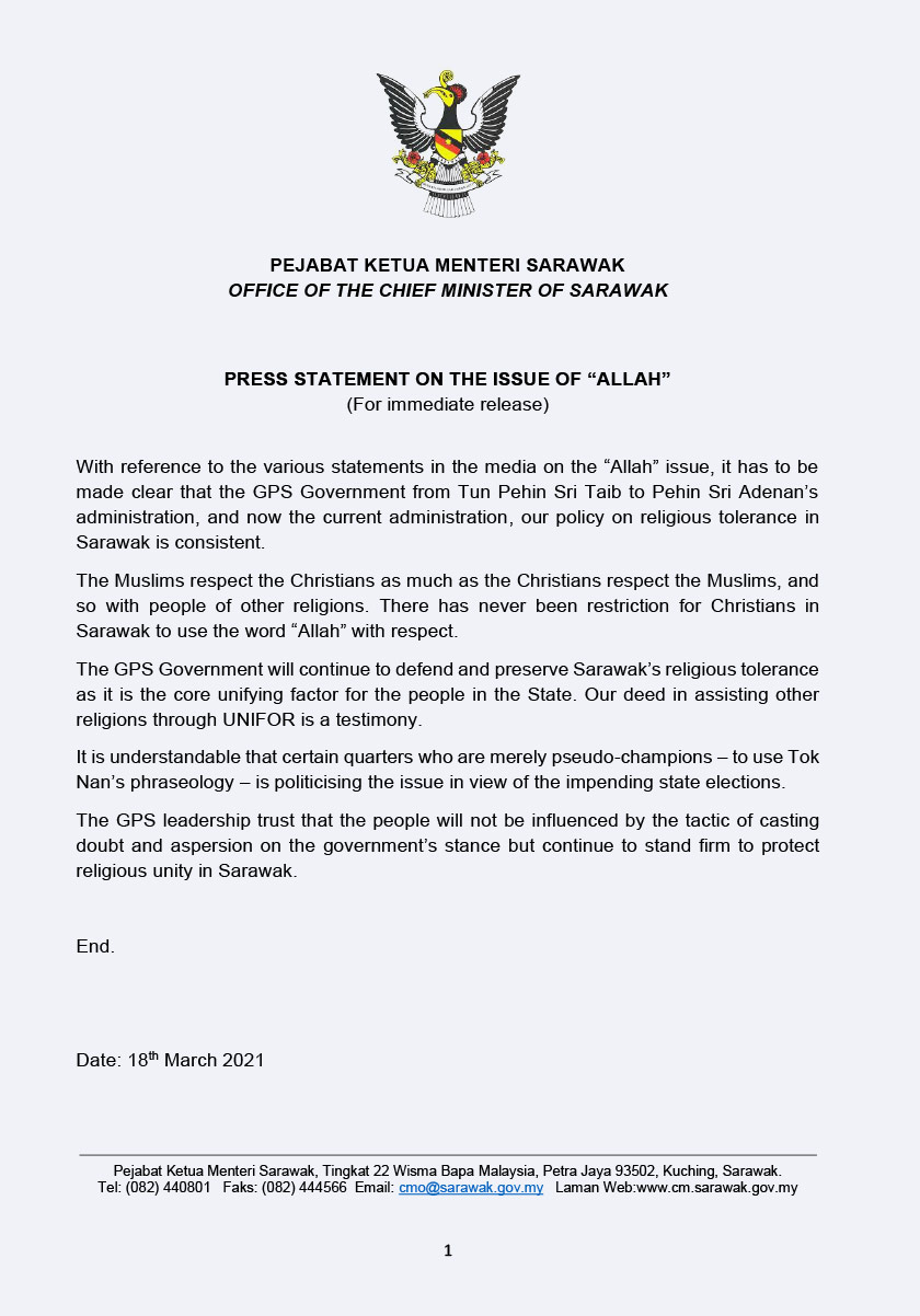 Kenyataan Pejabat Ketua Menteri Sarawak berhubung penggunaan kalimah Allah untuk penganut Kristian di negeri itu.
