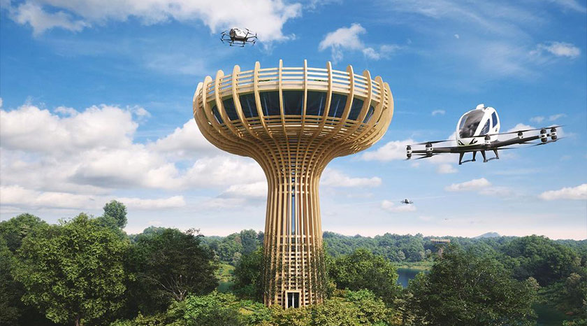 Konsep tersebut hasil kolaborasi syarikat pesawat tanpa pemandu EHang Holdings dan arkitek di Giancarlo Zema Design Group yang berpangkalan di Rom, Itali.