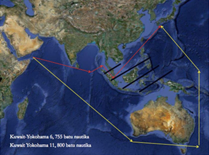 Figura 2. Jarak Pelayaran Kuwait-Yokohama melalui Melaka-Singapura dan Bass. (Sumber: Rusli, 2012)