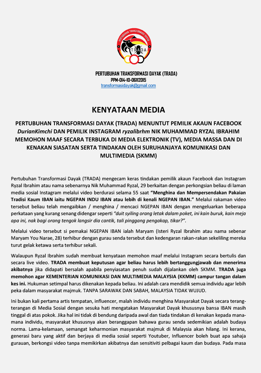 TRADA meminta SKMM untuk menjalankan siasatan ke atas video yang dimuat naik Ryzal Duriankimchi.