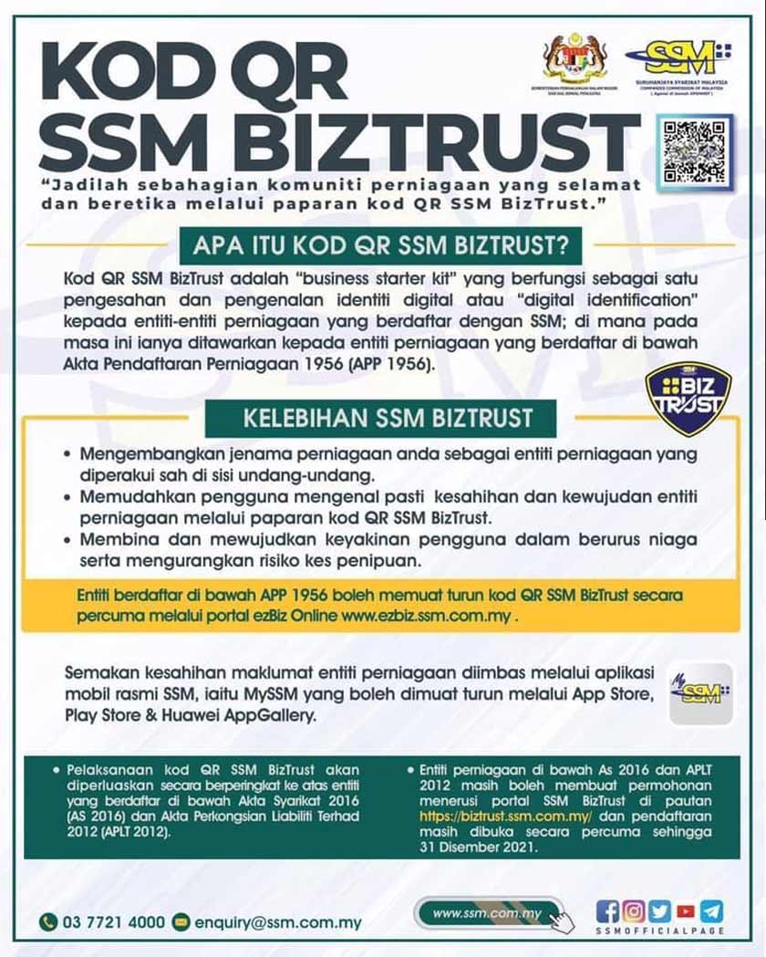 Kod QR SSM berfungsi sebagai pengesahan dan pengenalan identiti digital kepada peniaga yang berdaftar dengan SSM di bawah Akta Pendaftaran Perniagaan 1956.