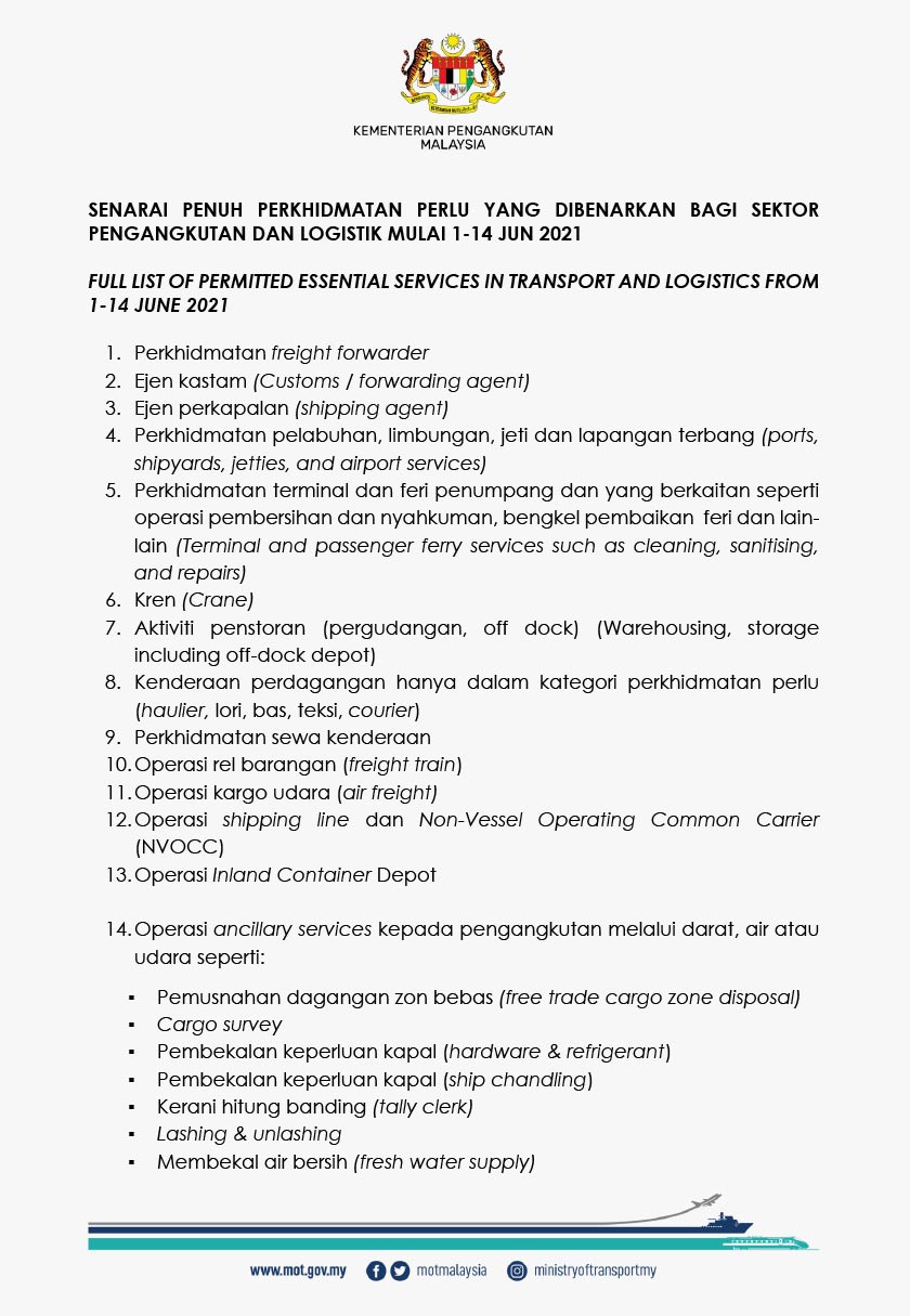 Senarai penuh perkhidmatan perlu yang dibenarkan bagi sektor pengangkutan dan logistik mulai 1-14 Jun 2021 (1/3)
