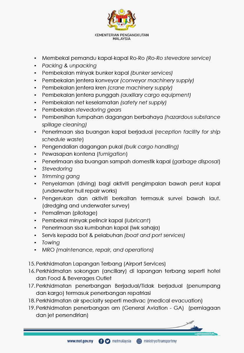 Senarai penuh perkhidmatan perlu yang dibenarkan bagi sektor pengangkutan dan logistik mulai 1-14 Jun 2021 (2/3)