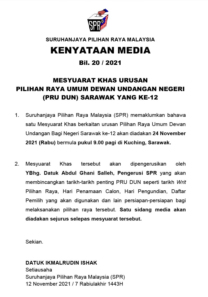 Kenyataan media SPR berhubung pemakluman mengenai mesyuarat khas berkaitan PRN Sarawak. - Sumber SPR
